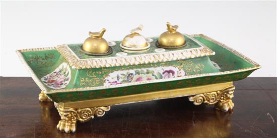A Paris porcelain Empire style inkstand, second half 19th century, 30.5cm, wear to gilding